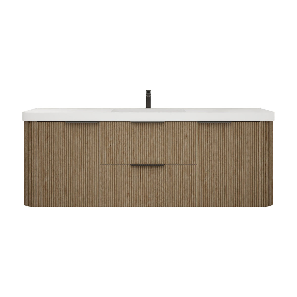 Celine 60 inch fluted wall mounted bathroom vanity in White Oak with white reinforced acrylic single sink top