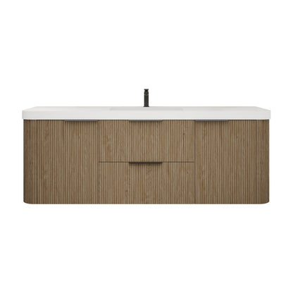 Celine 60 inch fluted wall mounted bathroom vanity in White Oak with white reinforced acrylic single sink top