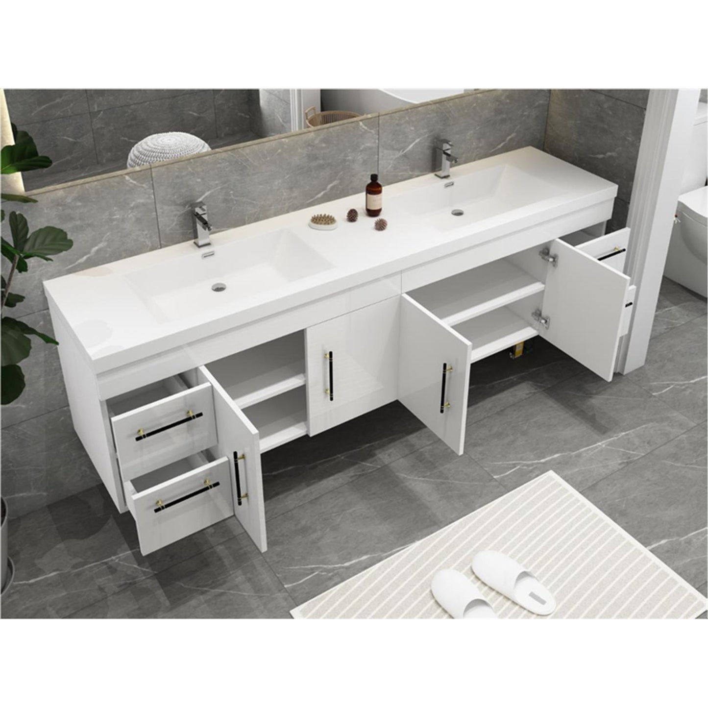 Elsa 84" Wall Mounted Bathroom Vanity with Reinforced Acrylic Integrated Sink Top