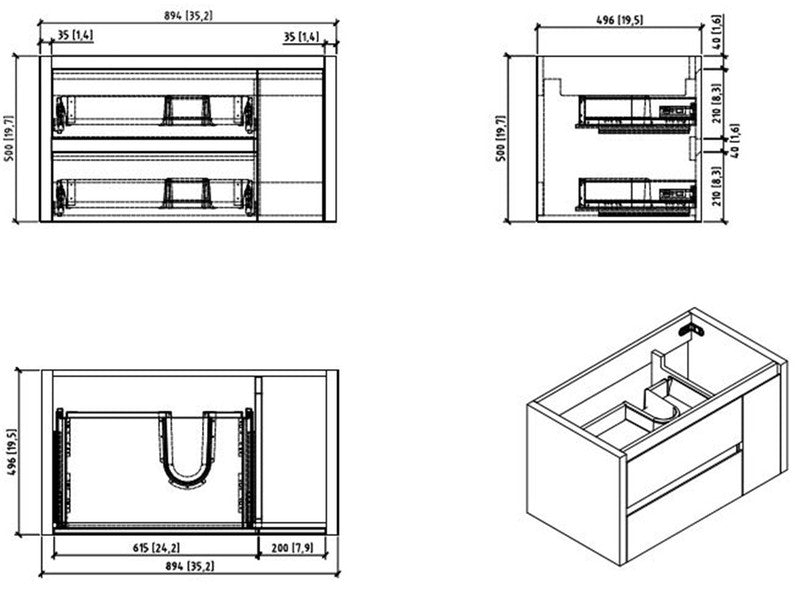Jade 36" Wall Mounted Bathroom Vanity with Reinforced Acrylic Integrated Sink Top