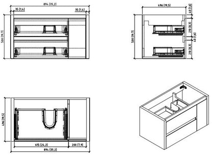 Jade 36" Wall Mounted Bathroom Vanity with Reinforced Acrylic Integrated Sink Top