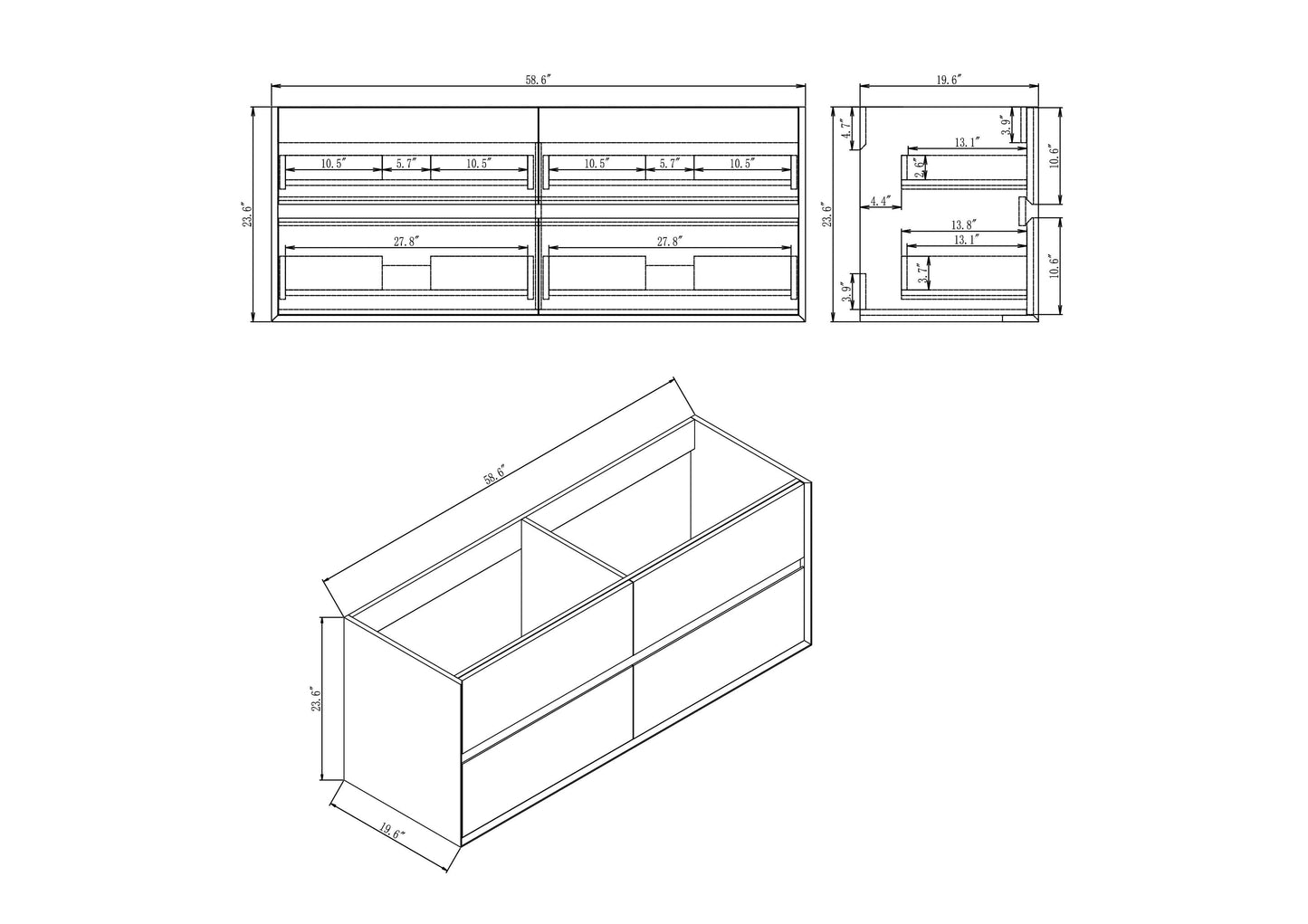 Kingdee 60" Wall Mounted Bathroom Vanity with Reinforced Acrylic Integrated Sink Top