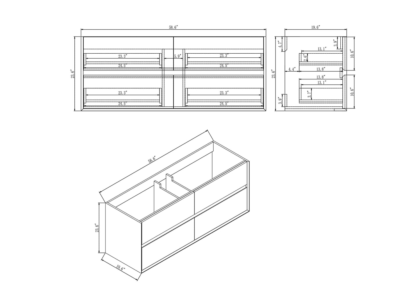 Kingdee 60" Wall Mounted Bathroom Vanity with Reinforced Acrylic Integrated Sink Top
