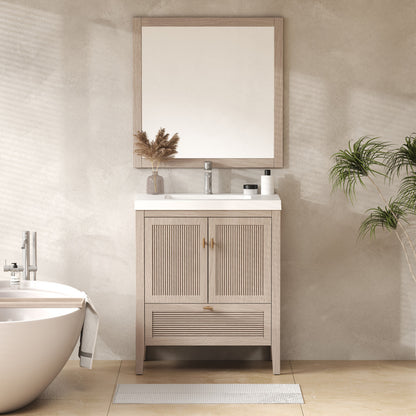 NCS 30 inch louvered freestanding bathroom vanity in White Oak with white reinforced acrylic integrated sink top