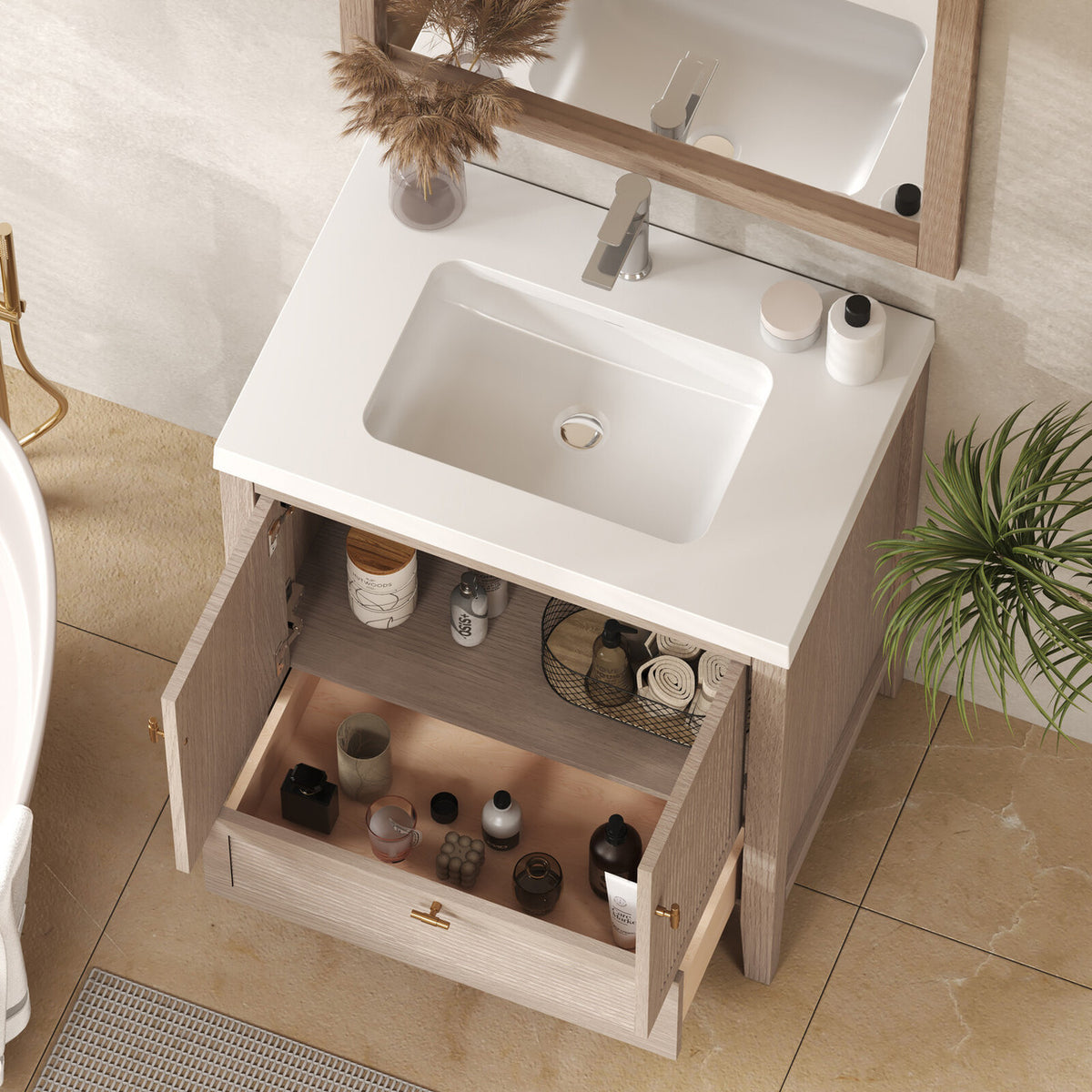 NCS 30 inch louvered freestanding bathroom vanity with reinforced acrylic integrated sink top