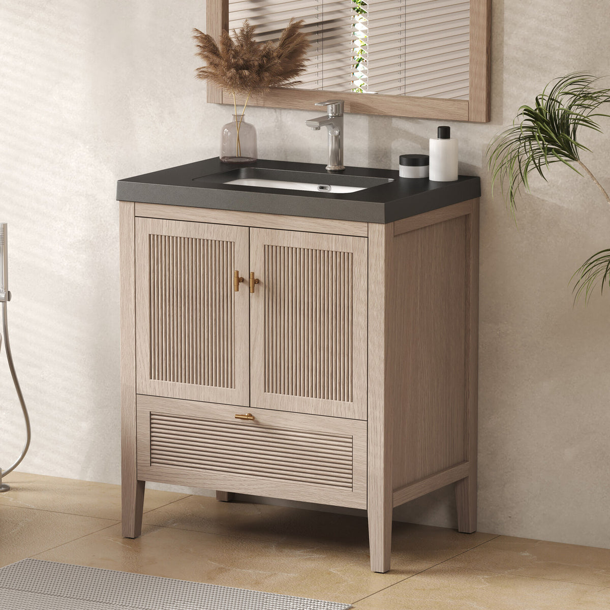 NCS 30 inch louvered freestanding bathroom vanity in White Oak with black reinforced acrylic integrated sink top