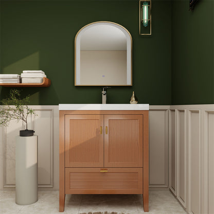 NCS 30 inch louvered freestanding bathroom vanity in Teak Oak with white reinforced acrylic integrated sink top