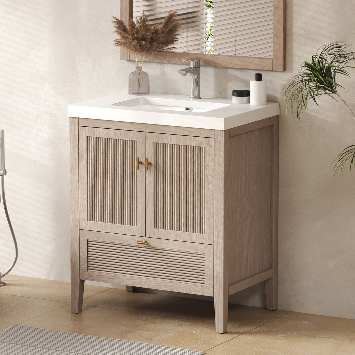 NCS 30 inch louvered freestanding bathroom vanity with reinforced acrylic integrated sink top