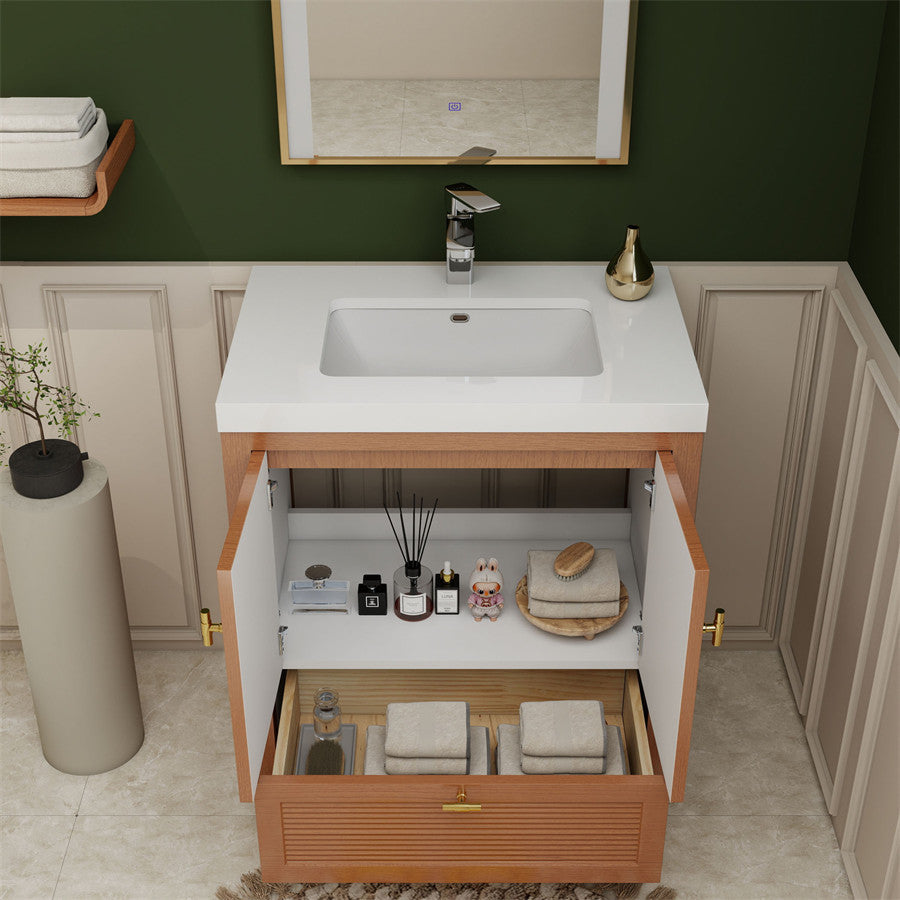 NCS 30 inch louvered freestanding bathroom vanity with reinforced acrylic integrated sink top
