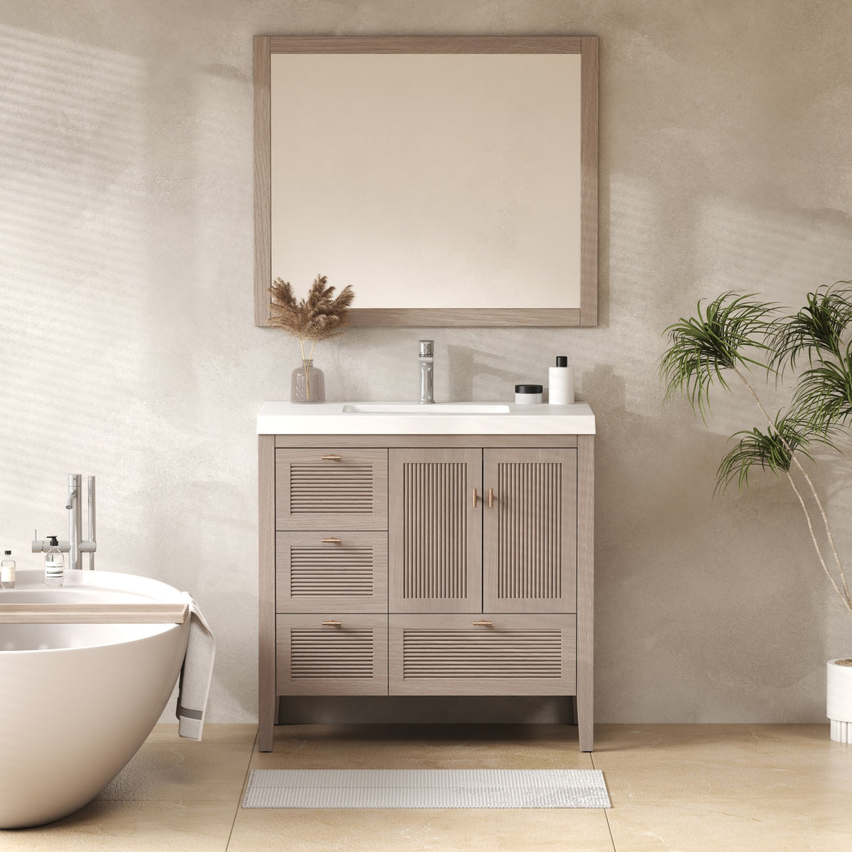 NCS 36 inch louvered freestanding bathroom vanity in White Oak with white reinforced acrylic integrated sink top, left side drawers