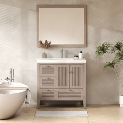 NCS 36 inch louvered freestanding bathroom vanity in White Oak with white reinforced acrylic integrated sink top, left side drawers