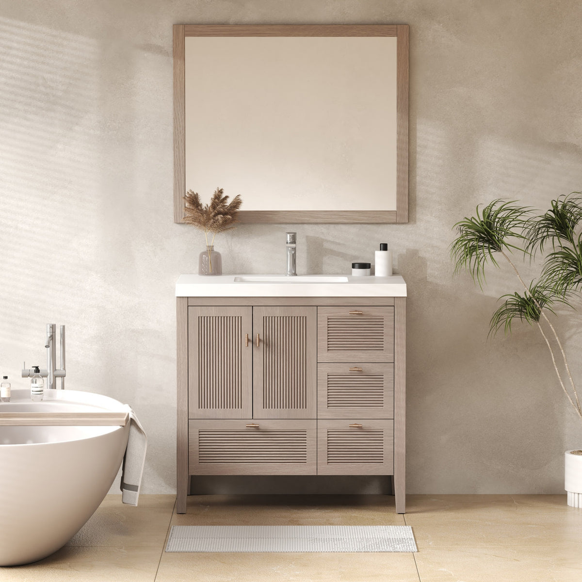 NCS 36 inch louvered freestanding bathroom vanity in White Oak with white reinforced acrylic integrated sink top, right side drawers