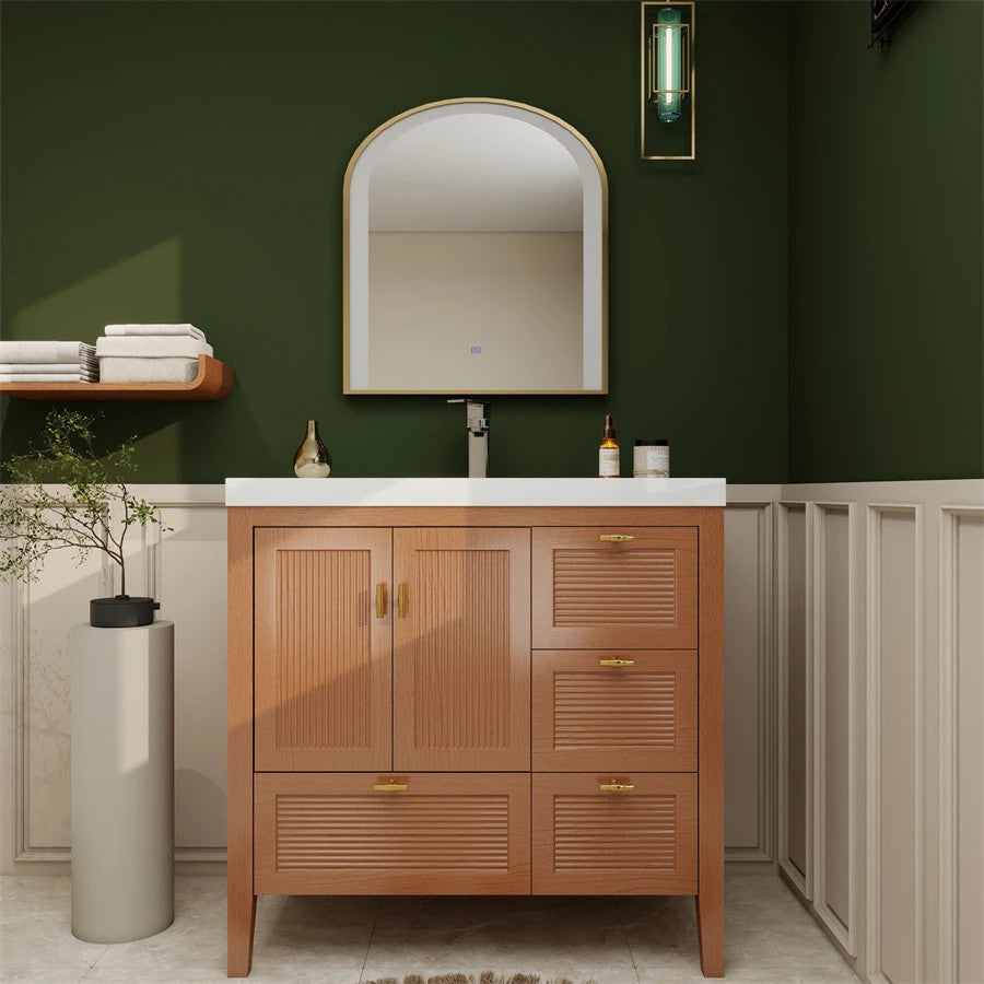 NCS 36 inch louvered freestanding bathroom vanity in Teak Oak with white reinforced acrylic integrated sink top, right side drawers
