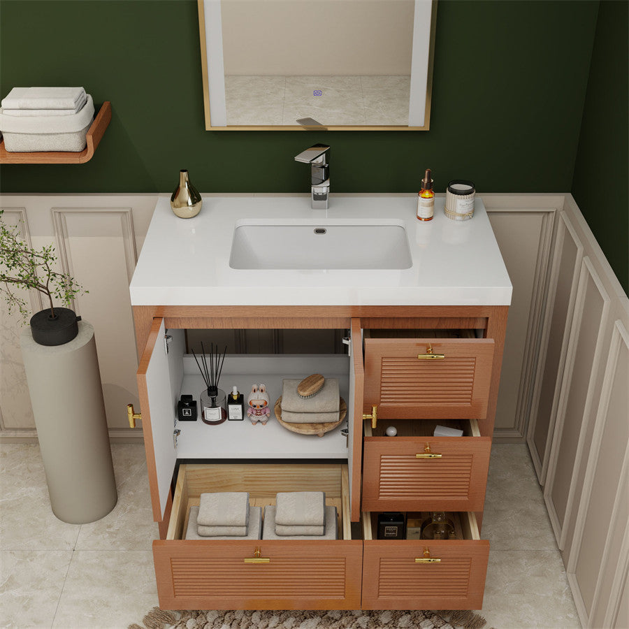 NCS 36 inch louvered freestanding bathroom vanity with reinforced acrylic integrated sink top