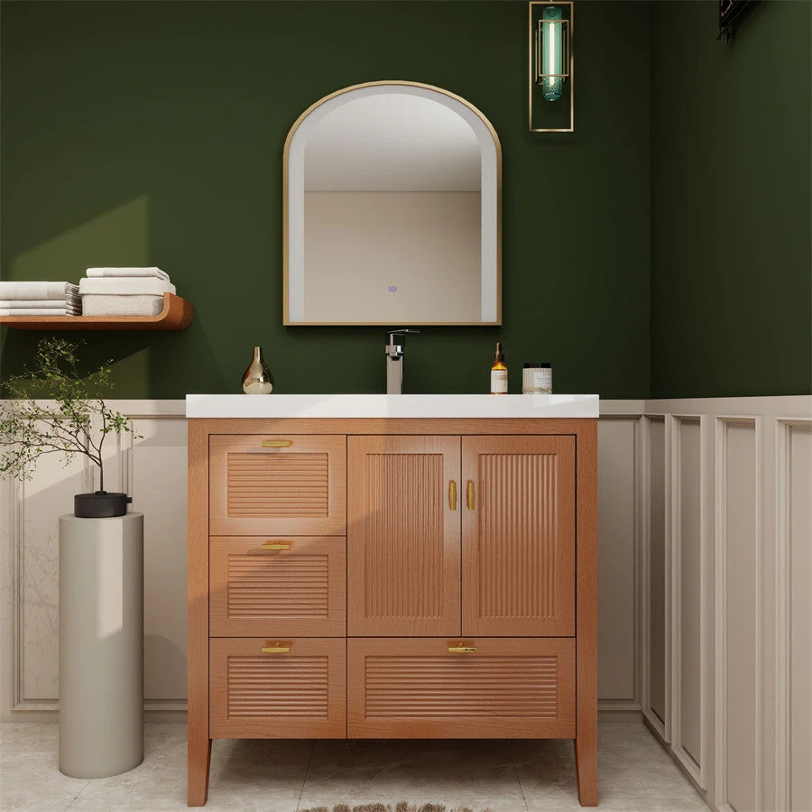 NCS 36 inch louvered freestanding bathroom vanity in Teak Oak with white reinforced acrylic integrated sink top, left side drawers