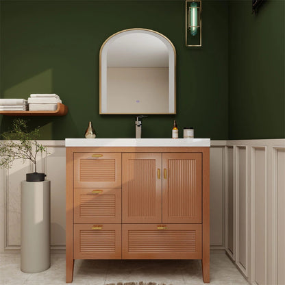 NCS 36 inch louvered freestanding bathroom vanity in Teak Oak with white reinforced acrylic integrated sink top, left side drawers