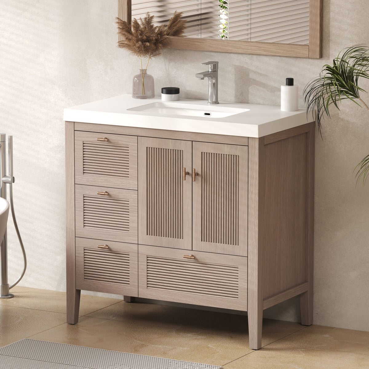 NCS 36 inch louvered freestanding bathroom vanity with reinforced acrylic integrated sink top