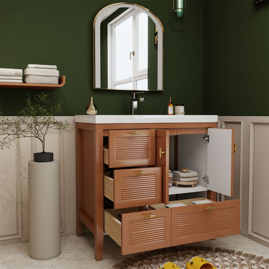 NCS 36 inch louvered freestanding bathroom vanity with reinforced acrylic integrated sink top