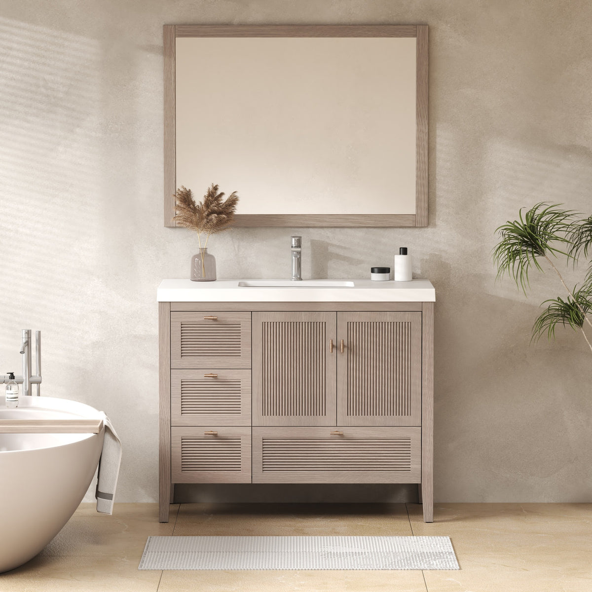 NCS 42 inch louvered freestanding bathroom vanity in White Oak with white reinforced acrylic integrated sink top, left side drawers