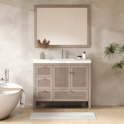 NCS 42 inch louvered freestanding bathroom vanity in White Oak with white reinforced acrylic integrated sink top, left side drawers