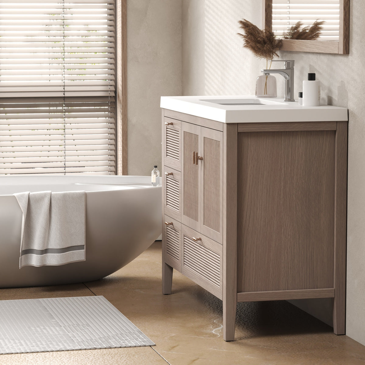 NCS 42 inch louvered freestanding bathroom vanity with reinforced acrylic integrated sink top