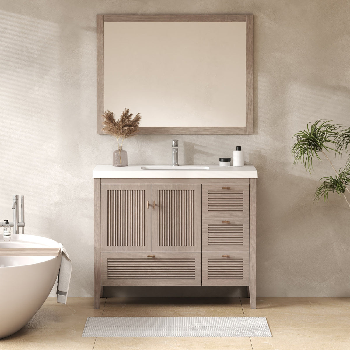 NCS 42 inch louvered freestanding bathroom vanity in White Oak with white reinforced acrylic integrated sink top, right side drawers