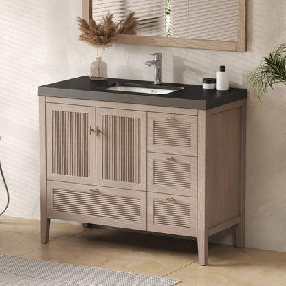 NCS 42 inch louvered freestanding bathroom vanity in White Oak with black reinforced acrylic integrated sink top, right side drawers