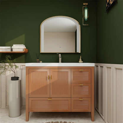 NCS 42 inch louvered freestanding bathroom vanity in Teak Oak with white reinforced acrylic integrated sink top, right side drawers