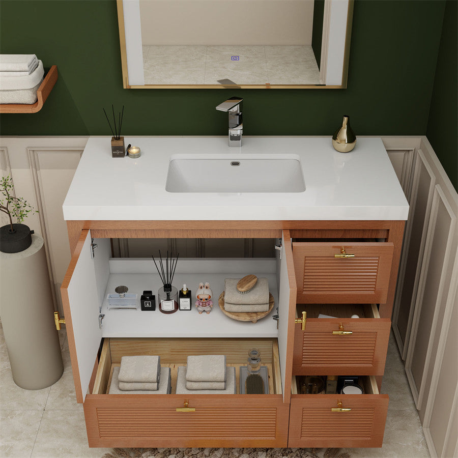 NCS 42 inch louvered freestanding bathroom vanity with reinforced acrylic integrated sink top