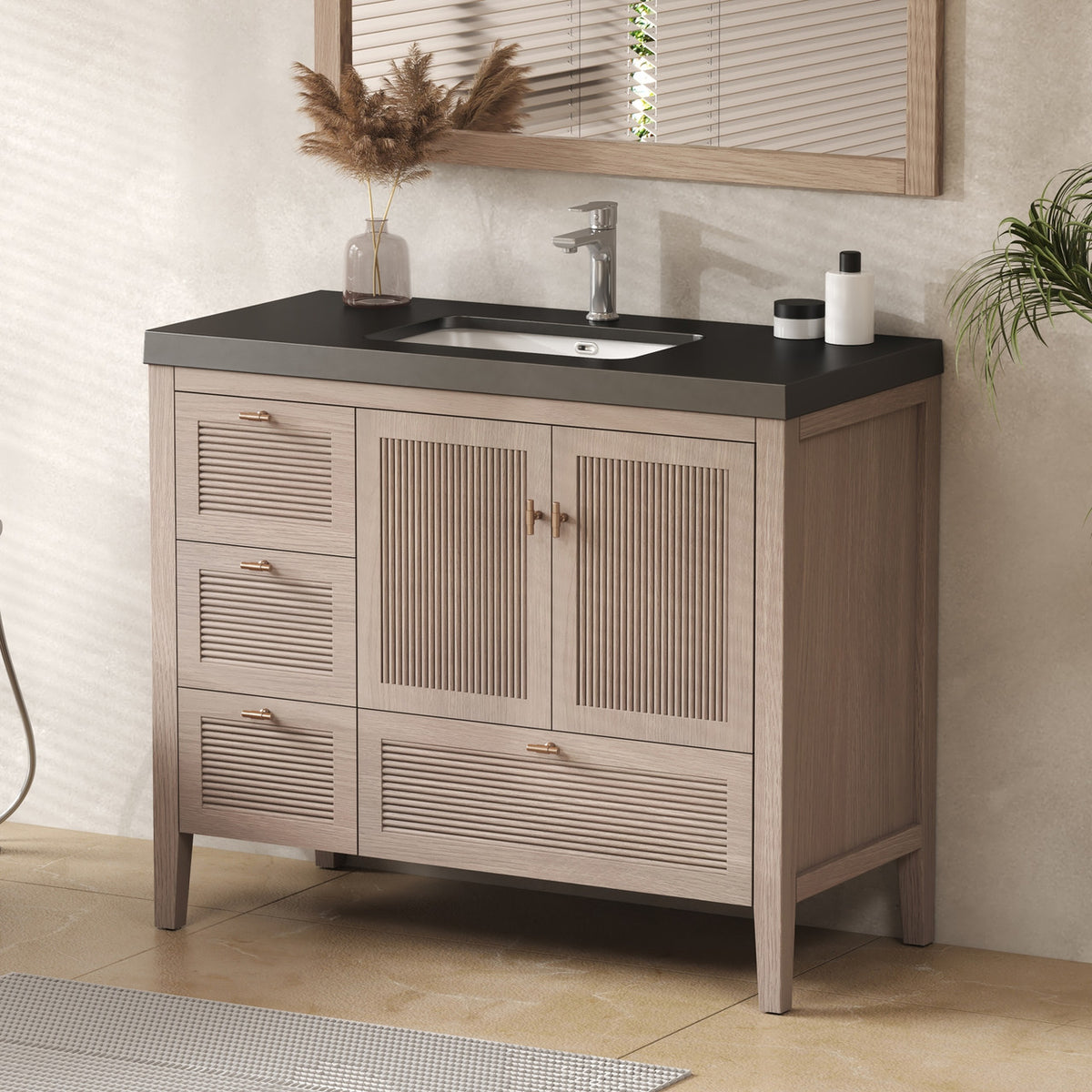 NCS 42 inch louvered freestanding bathroom vanity in White Oak with black reinforced acrylic integrated sink top, left side drawers