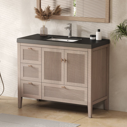 NCS 42 inch louvered freestanding bathroom vanity in White Oak with black reinforced acrylic integrated sink top, left side drawers