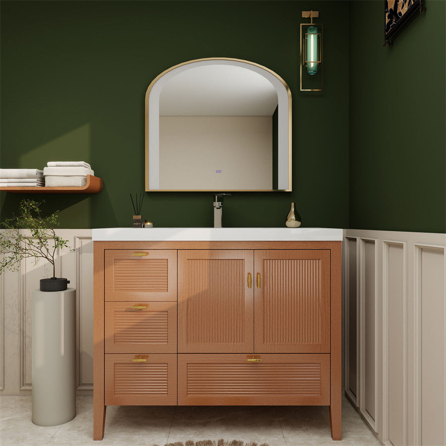 NCS 42 inch louvered freestanding bathroom vanity in Teak Oak with white reinforced acrylic integrated sink top, left side drawers