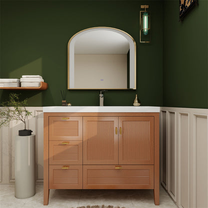 NCS 42 inch louvered freestanding bathroom vanity in Teak Oak with white reinforced acrylic integrated sink top, left side drawers