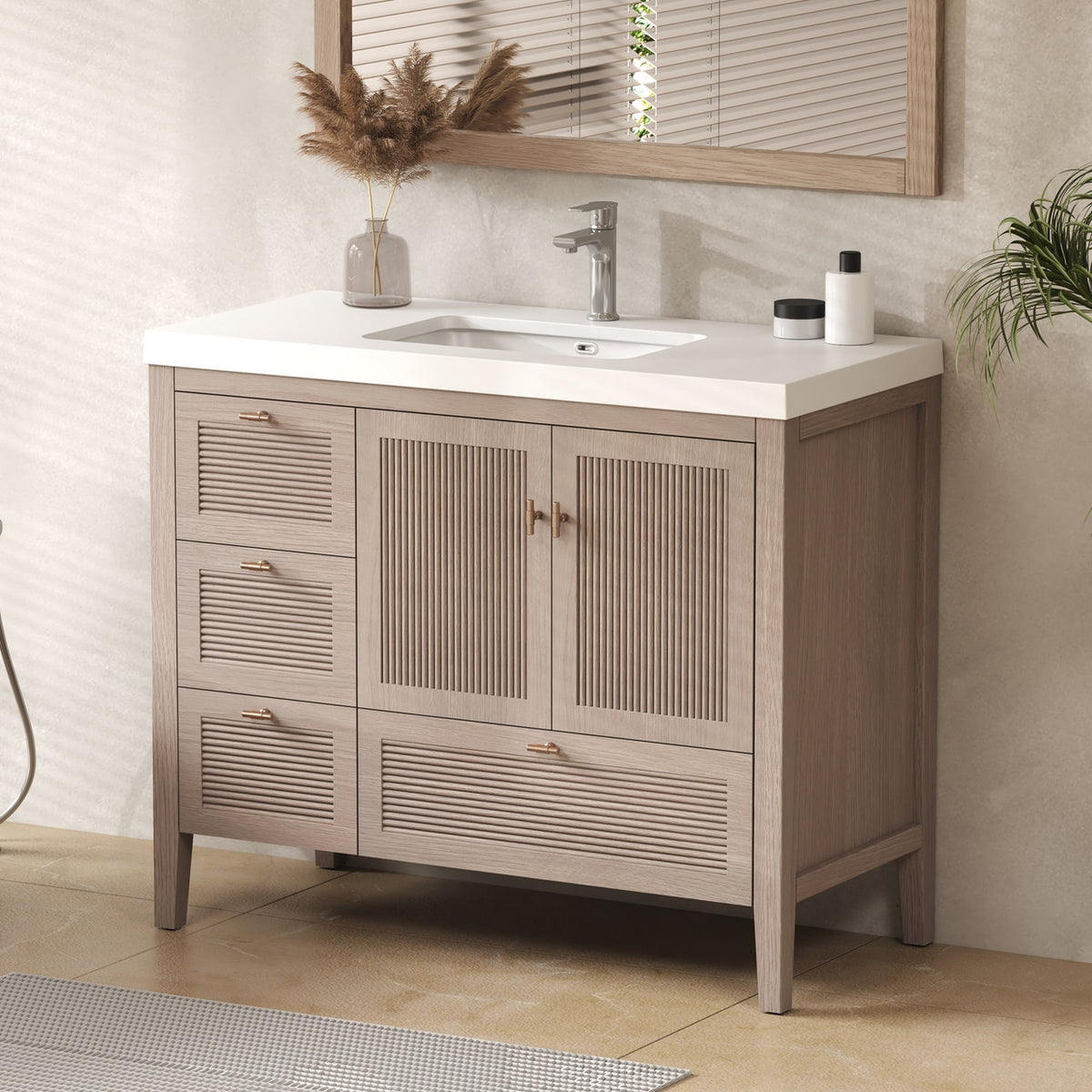 NCS 42 inch louvered freestanding bathroom vanity with reinforced acrylic integrated sink top