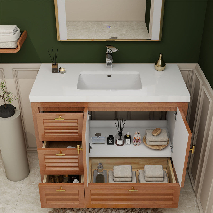 NCS 42 inch louvered freestanding bathroom vanity with reinforced acrylic integrated sink top