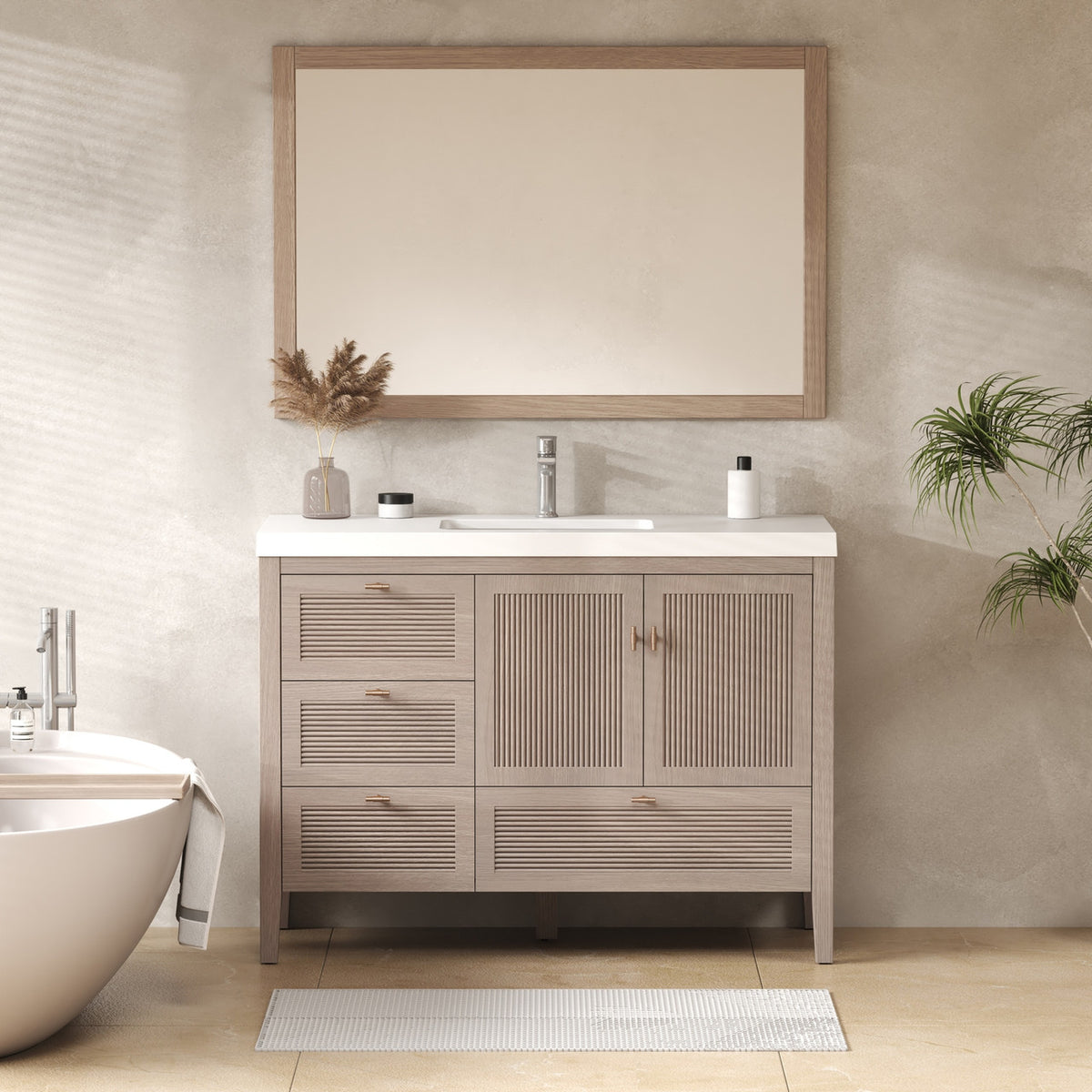 NCS 48 inch louvered freestanding bathroom vanity in White Oak with white reinforced acrylic integrated sink top