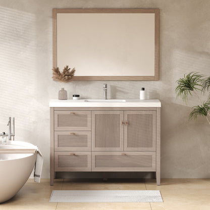 NCS 48 inch louvered freestanding bathroom vanity in White Oak with white reinforced acrylic integrated sink top