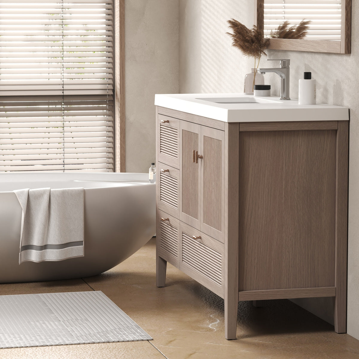 NCS 48 inch louvered freestanding bathroom vanity with reinforced acrylic integrated sink top