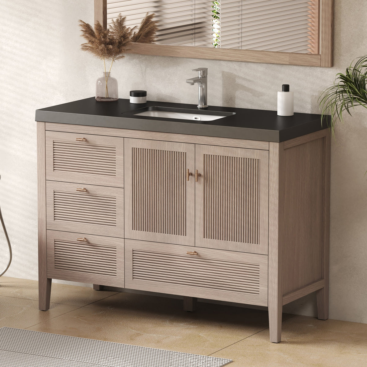 NCS 48 inch louvered freestanding bathroom vanity in White Oak with black reinforced acrylic integrated sink top