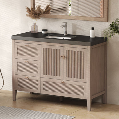 NCS 48 inch louvered freestanding bathroom vanity in White Oak with black reinforced acrylic integrated sink top