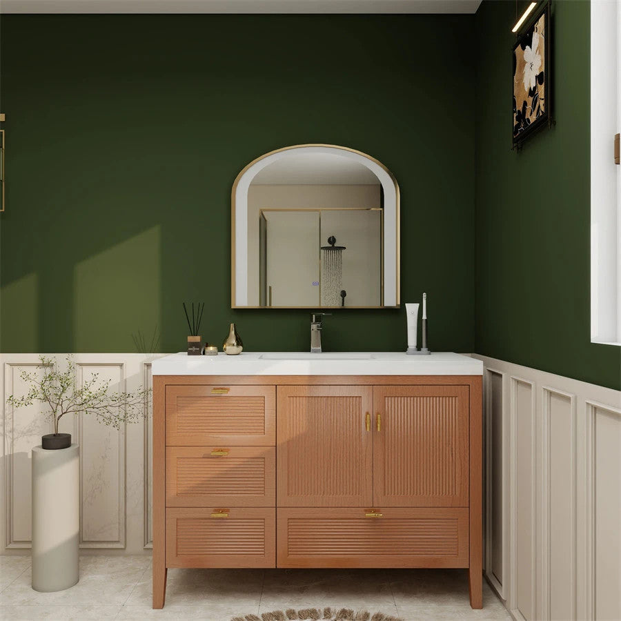 NCS 48 inch louvered freestanding bathroom vanity in Teak Oak with white reinforced acrylic integrated sink top