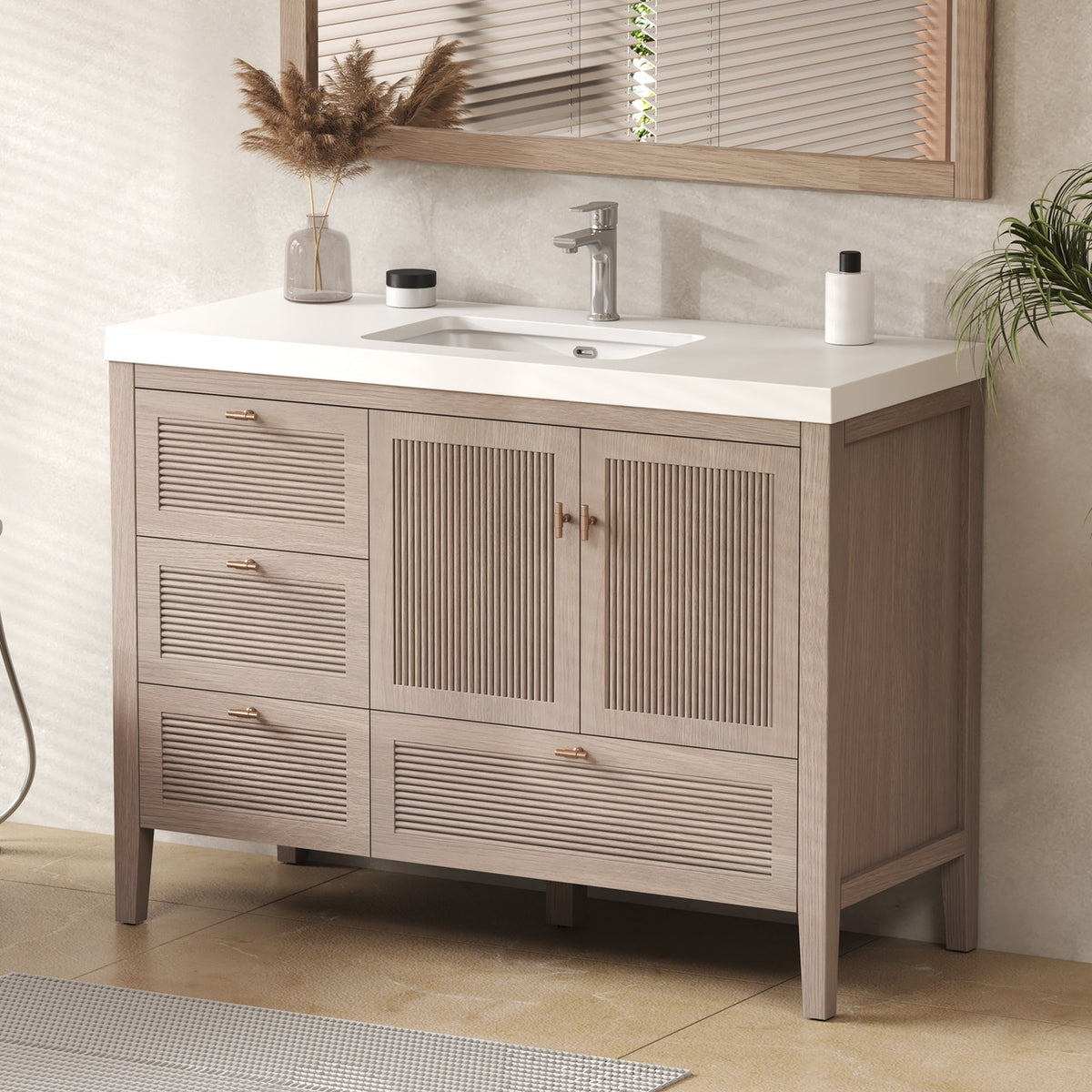 NCS 48 inch louvered freestanding bathroom vanity with reinforced acrylic integrated sink top