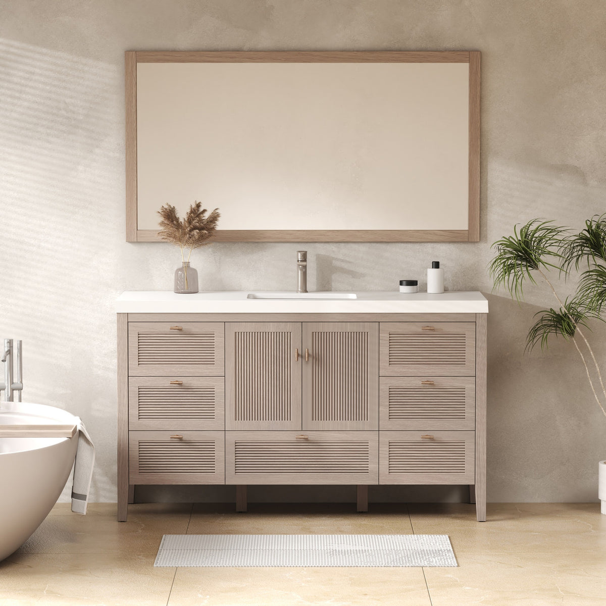 NCS 60 inch louvered freestanding bathroom vanity in White Oak with white reinforced acrylic integrated single sink top
