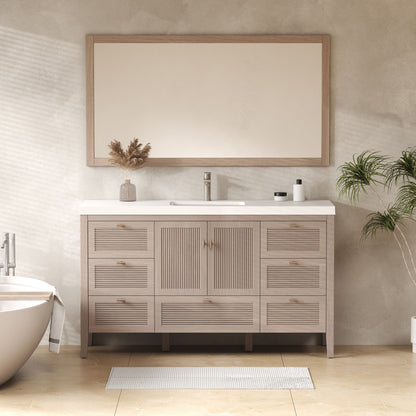 NCS 60 inch louvered freestanding bathroom vanity in White Oak with white reinforced acrylic integrated single sink top