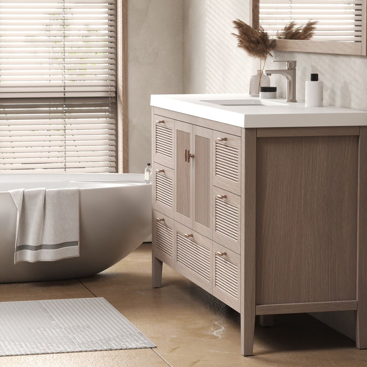 NCS 60 inch louvered freestanding bathroom vanity with reinforced acrylic integrated sink top