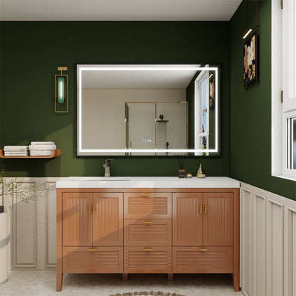 NCS 60 inch louvered freestanding bathroom vanity in Teak Oak with white reinforced acrylic integrated sink top, left offset sink
