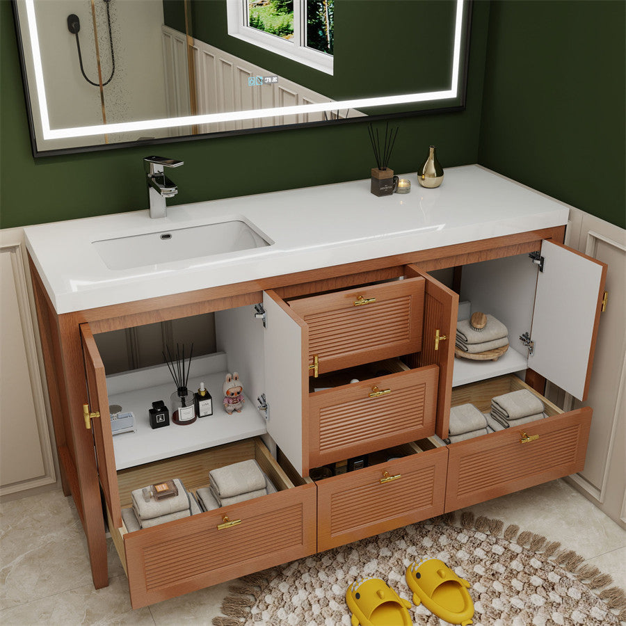 NCS 60 inch louvered freestanding bathroom vanity with reinforced acrylic integrated sink top