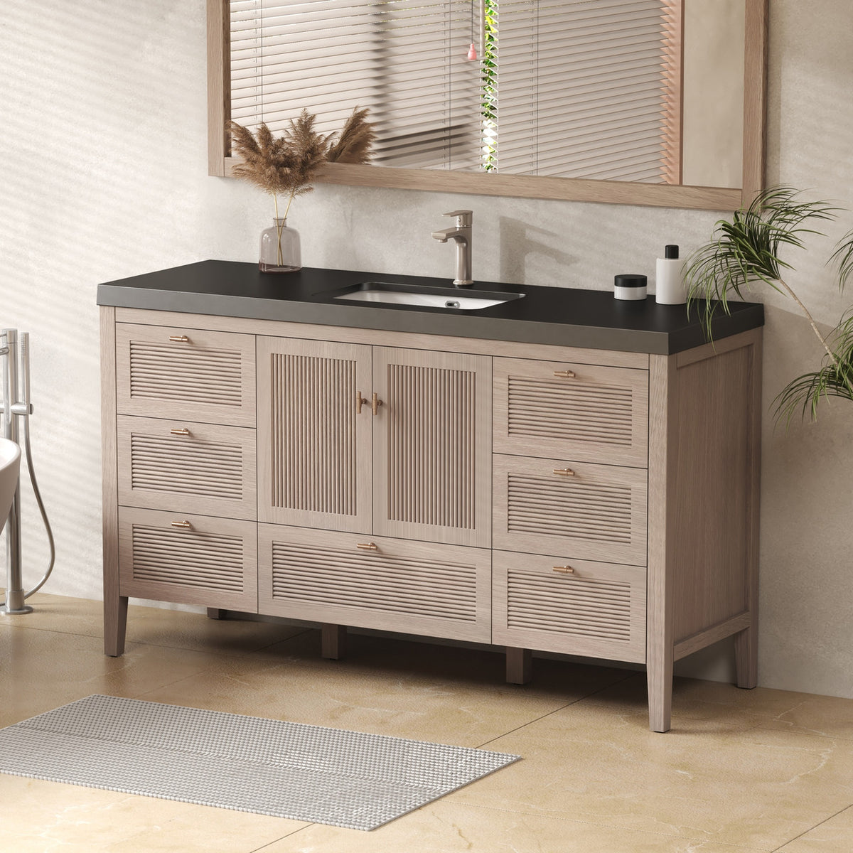 NCS 60 inch louvered freestanding bathroom vanity in White Oak with black reinforced acrylic integrated single sink top