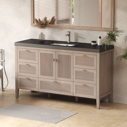 NCS 60 inch louvered freestanding bathroom vanity in White Oak with black reinforced acrylic integrated single sink top