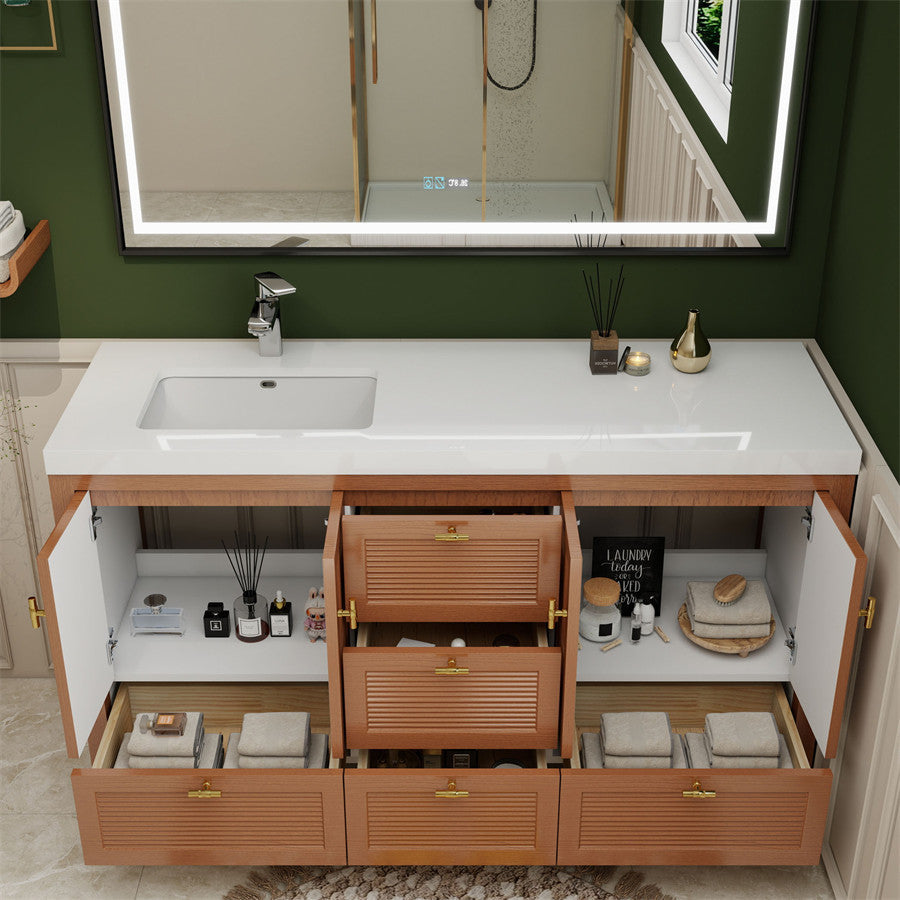 NCS 60 inch louvered freestanding bathroom vanity with reinforced acrylic integrated sink top